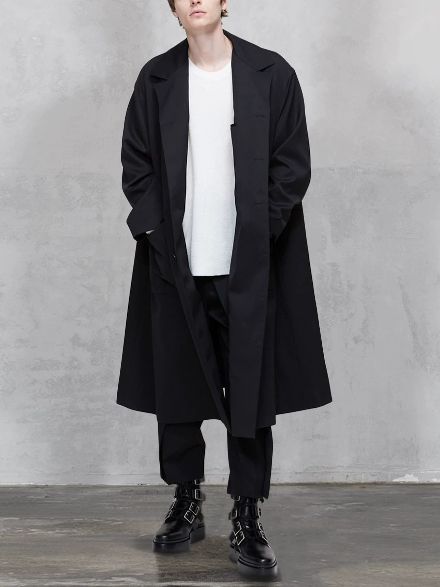 GAOSTUDIOS Black long demi-season trench coat, suit, loose fit, mid-length