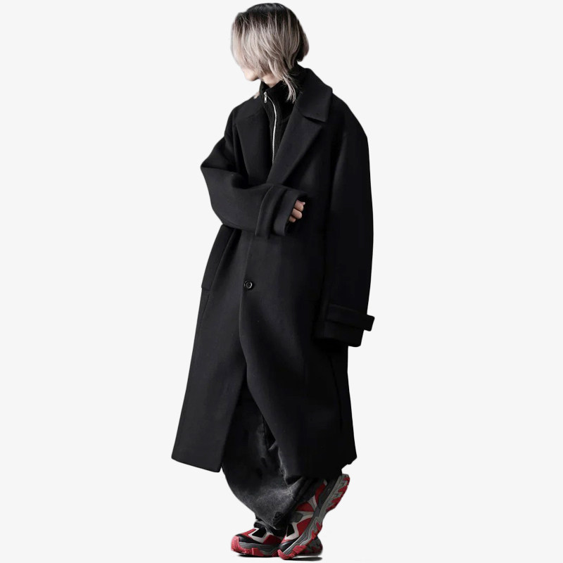 GAOSTUDIOS黑色长款毛呢大衣男宽松系带解构痞帅风秋冬加厚大外套