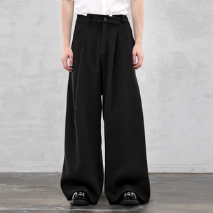 垂感不规则A字型打褶直筒西裤 GAOSTUDIOS黑色解构设计阔腿裤 男士