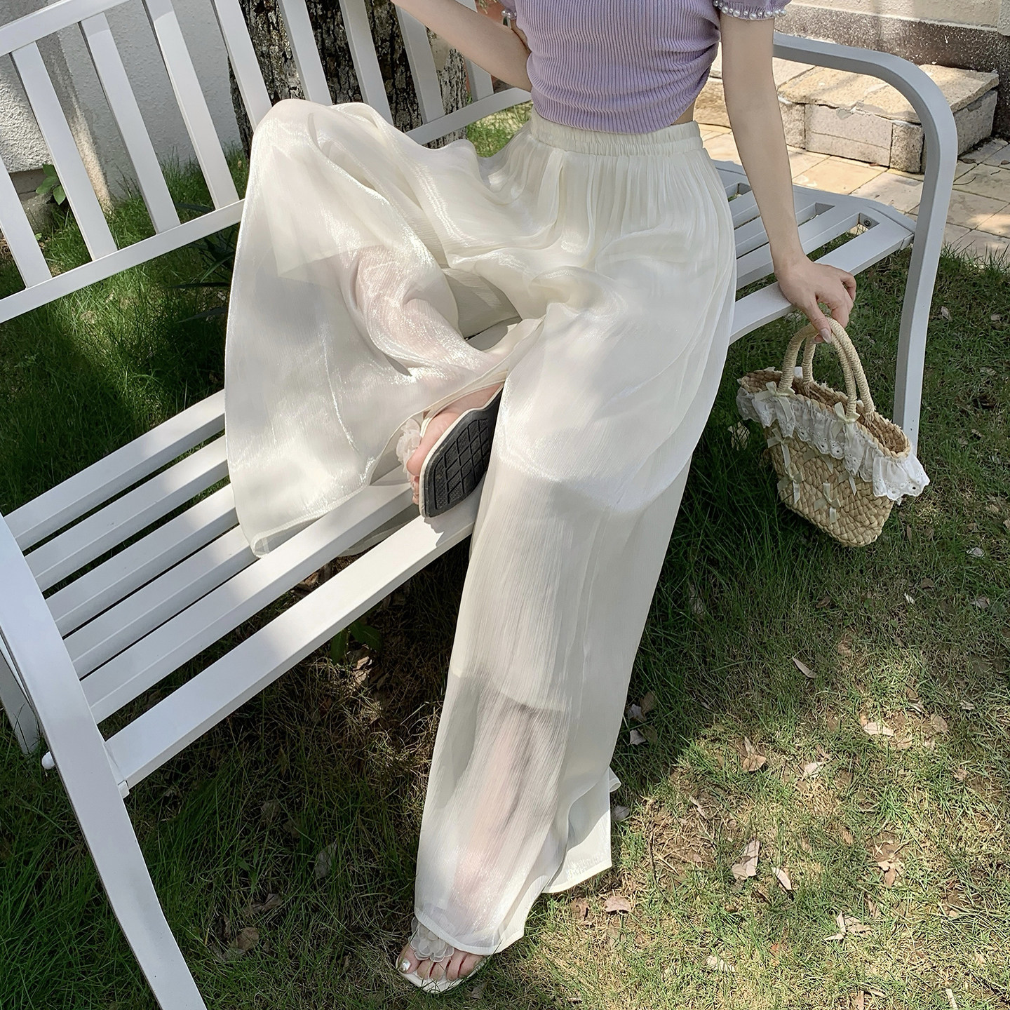 实拍白色琉璃纱冰丝阔腿裤裙女夏季薄款裙裤高腰垂感休闲裤子