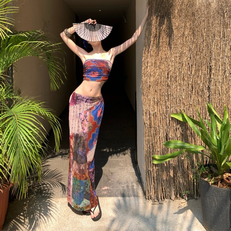 泰国云南旅游度假穿搭套装女夏季抹胸背心复古印花半身长裙两件套