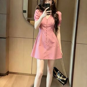 法式清新风时尚甜美粉色收腰连衣裙女高级感优雅拼接显瘦气质裙子