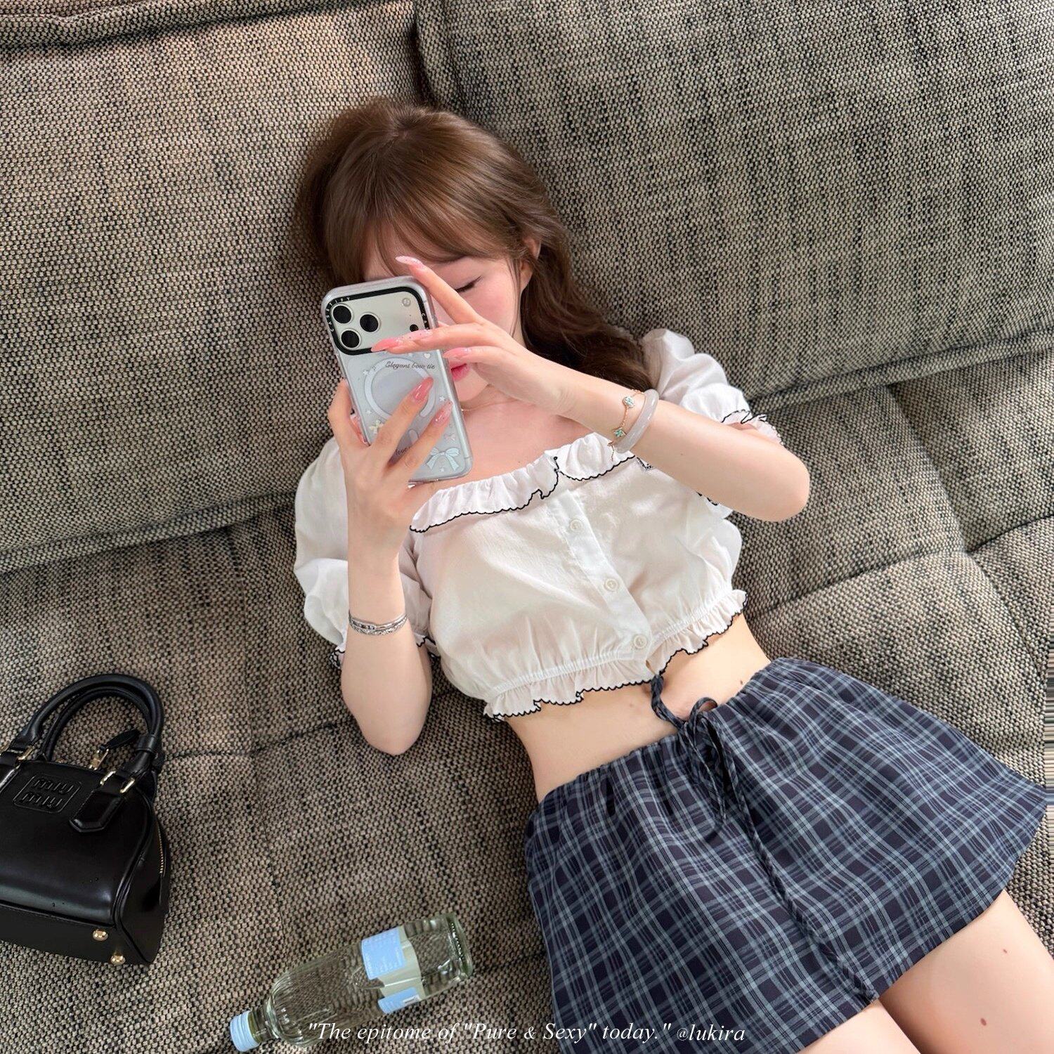 Lukira 莱赛尔学院 法式荷叶边泡泡袖刺绣衬衫女夏季短款凉感上衣