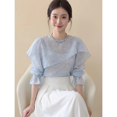 法式蓝色荷叶边长袖衬衫女士2026春夏新款气质高级感百搭洋气上衣