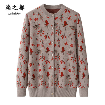 籁之都中老年妈妈装100%山羊毛加厚圆领双提嵌花宽松大码针织开衫
