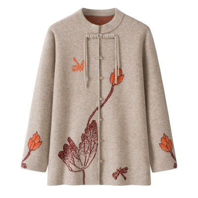 2025秋冬新款中老年100%纯羊毛衫女圆领开衫妈妈奶奶针织大码外套