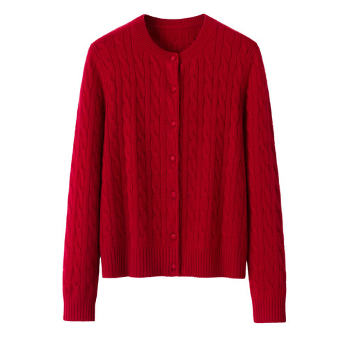 2026秋冬新款红色羊绒衫女麻花针织开衫圆领单排扣绞花本命年毛衣