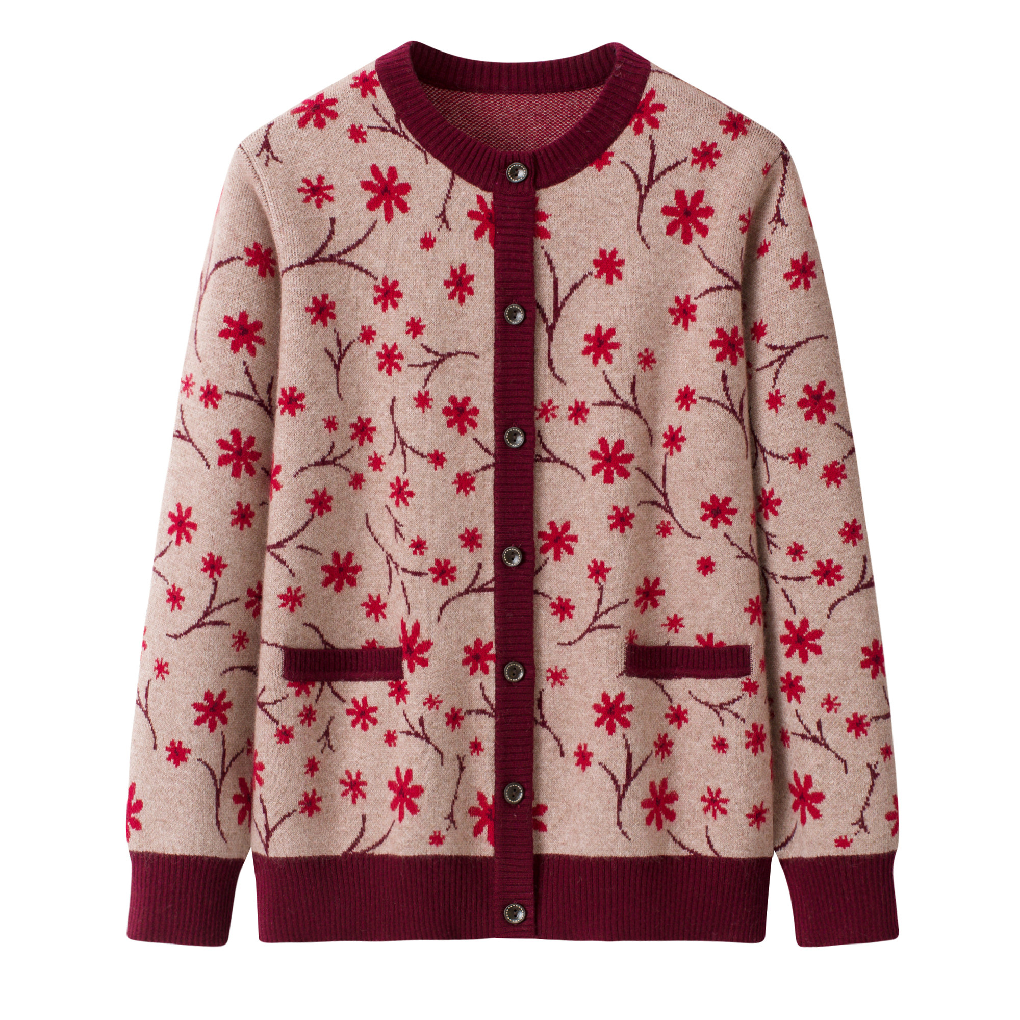 26秋冬新款女100%纯羊毛中老年圆领开衫小花加厚保暖针织毛衣外套