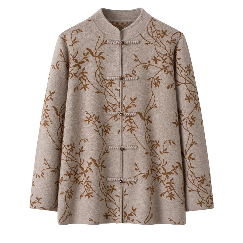 2025秋冬新款羊毛衫女旗袍领复古树杈提花开衫毛衣盘扣外套妈妈装