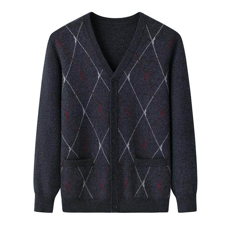 2024秋冬新款中老年男爸爸装加厚保暖羊毛衫带兜菱形外套针织开衫