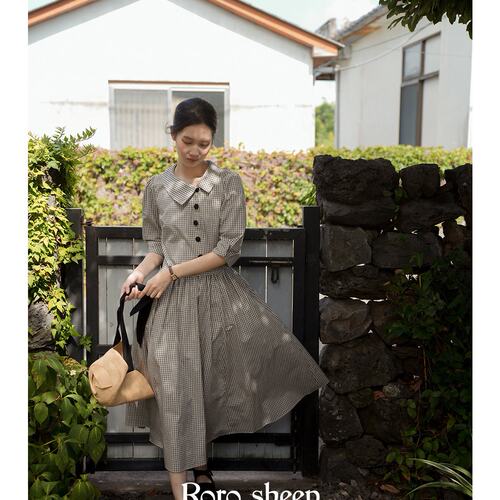 rorosheep岛屿诗集精梳澳棉格子连衣裙女秋季复古高级感裙子