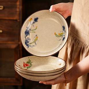 中式陶瓷菜盘子家用复古风餐盘深盘圆盘水果盘高颜值饭盘汤盘餐具