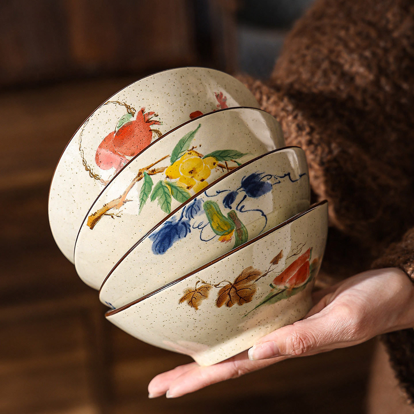 中式陶瓷高颜值怀旧复古釉下彩饭碗家用5.7英寸甜品糖水碗耐高温