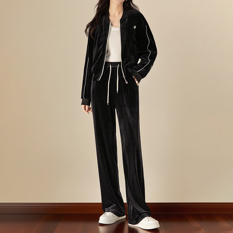 黑色金丝绒运动套装女2025秋季