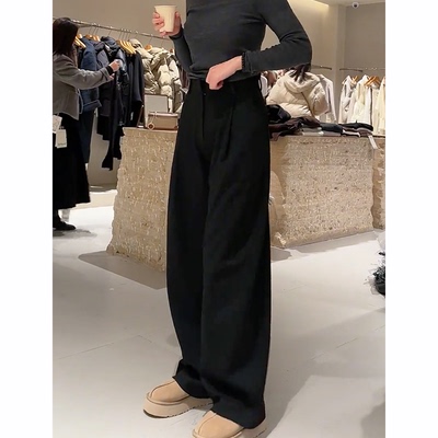 胖MM时尚黑色简约垂坠感宽松长裤秋冬新款韩版知性气质高腰休闲裤
