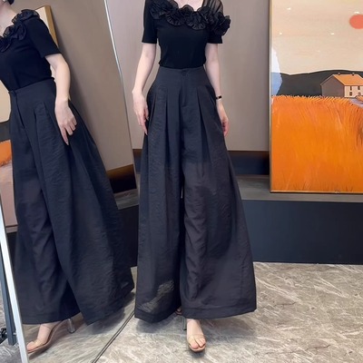 天丝亚麻休闲阔腿裤女夏薄款2025新款高腰宽松显瘦垂感百搭拖地裤