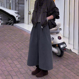 八分裤 灰色压褶毛呢阔腿裤 高腰简约宽松时尚 流行新款 子 女2025秋季