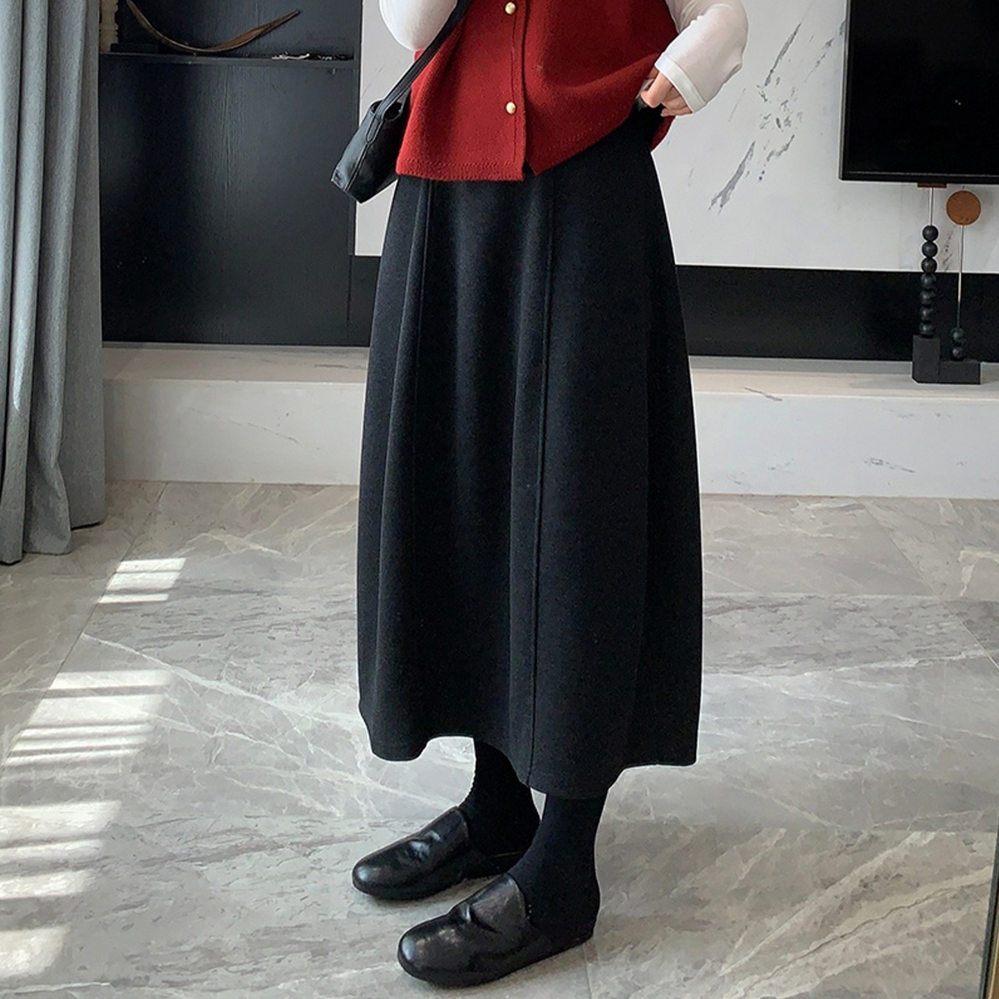 秋冬新款醋酸毛呢半身裙女通勤百搭大码胖mm高腰设计感显瘦花苞裙