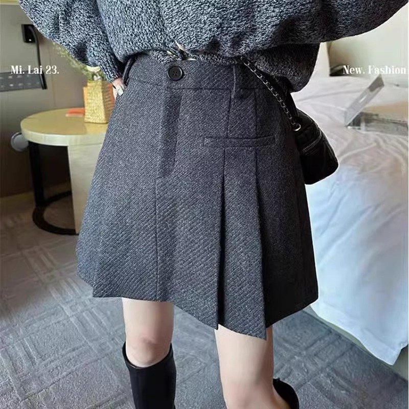 2025秋冬毛呢半身裙短款百褶裙短裙减龄高腰修身显腿长A字裙学院