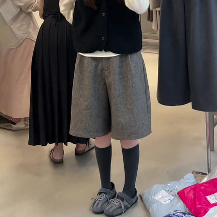 灰色毛呢五分裤女2025秋冬流行新款高腰简约宽松时尚百搭阔腿中裤