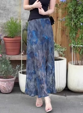 蓝色玫瑰印花清透飘逸轻盈长裙女2025夏季新款清凉舒适高级感裙子