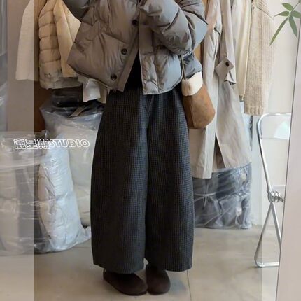 韩系格子毛呢九分休闲阔腿裤女2025秋冬新款高腰百搭八分萝卜裤子