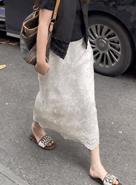 法式温柔风白色蕾丝半身裙女2026夏新款大码显瘦气质通勤A字长裙