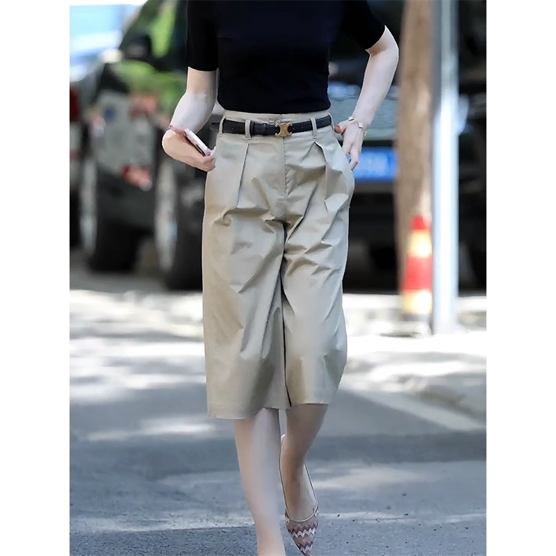 2025年夏季新款浅卡其高腰薄款休闲西装裤女宽松遮胯阔腿裤七分裤