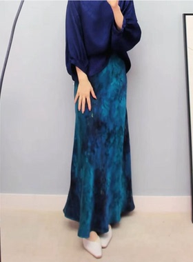 法式轻奢の花罗香加长云纱鱼尾裙女夏季修身桑蚕丝蓝色礼服半身裙