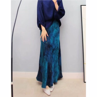 修身 花罗香加长云纱鱼尾裙女夏季 桑蚕丝蓝色礼服半身裙 轻奢 法式