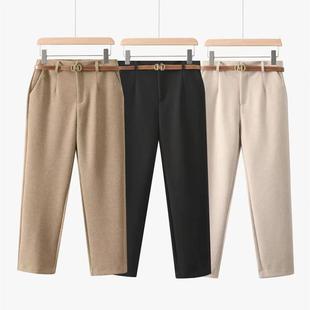 小个子法棍裤磨毛加厚高腰休闲直筒裤女秋冬毛呢裤九分烟管裤