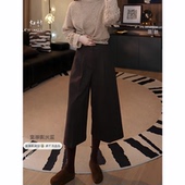 女秋季 流行新款 简约气质直筒裤 咖色压褶七分毛呢裤 洋气时髦阔腿裤