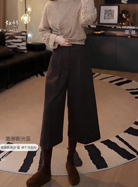 咖色压褶七分毛呢裤女秋季流行新款简约气质直筒裤洋气时髦阔腿裤