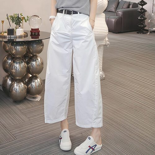 白色直筒休闲裤女2026新款大码胖mm高腰宽松显瘦九分阔腿裤子