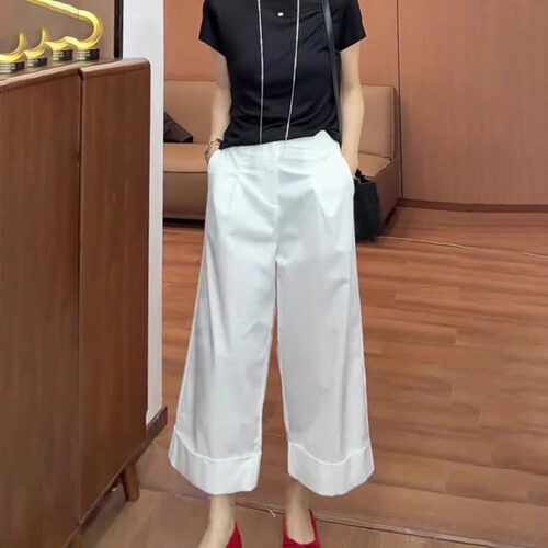 白色卷边休闲裤女2025流行新款高腰简约宽松时尚气质百搭阔腿裤子