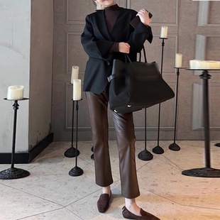 秋季韩系慵懒风咖色九分皮裤女士高腰显瘦百搭小个子时尚休闲裤子