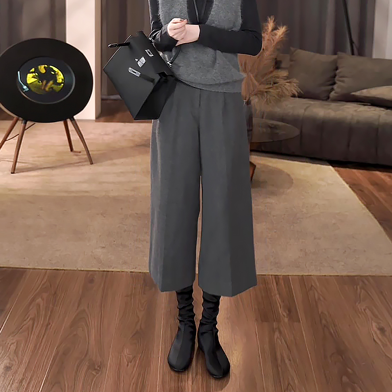 灰色加厚毛呢八分裤女秋季2025新款大码胖mm高腰显瘦八分阔腿裤子