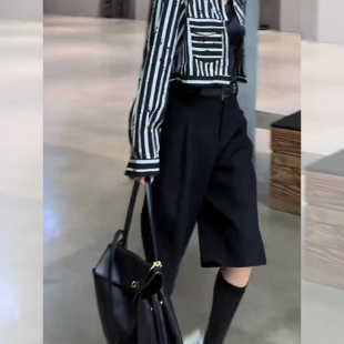 高腰宽松小众百搭直筒阔腿裤 女2025早秋流行新款 子 七分裤 黑色西装