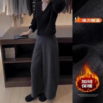 大码韩系百搭加绒毛呢格子裤2025秋冬新款加绒高腰显瘦九分阔腿裤