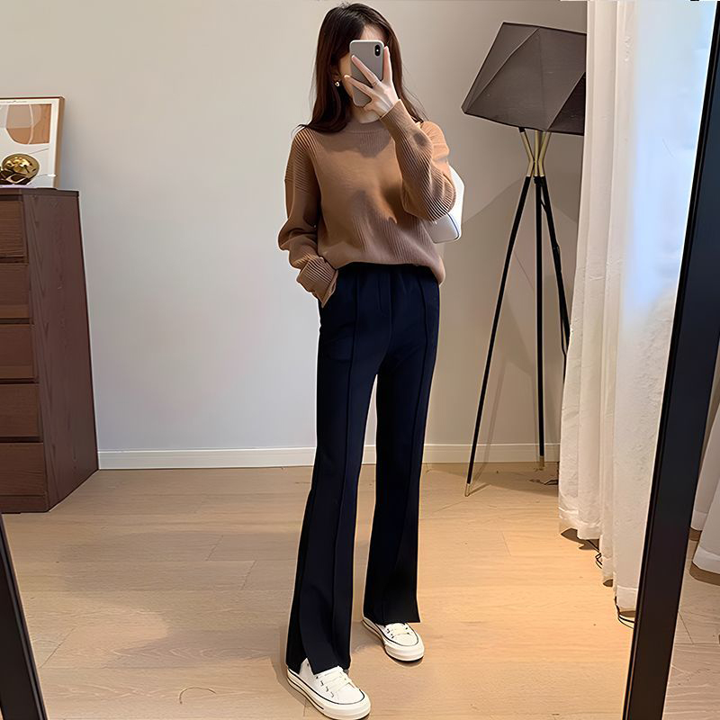 2025秋冬新款加厚保暖微喇叭直筒阔腿裤女爆开叉松紧腰休闲裤西裤