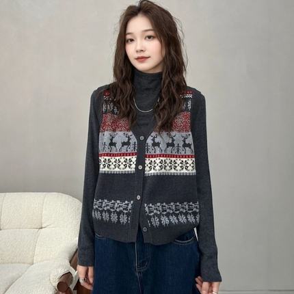 提花V领开衫针织套装女2025冬季大码胖MM背心马甲+内搭叠穿两件套