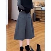 女2025秋季 流行新款 高腰宽松时尚 灰色毛呢休闲裤 百搭日常阔腿中裤