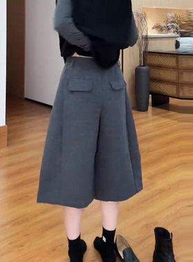灰色毛呢休闲裤女2025秋季流行新款高腰宽松时尚百搭日常阔腿中裤