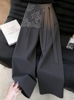 韩版高级阔腿裤女2026年夏季流行新款灰色假两件飘带蕾丝西装裤子