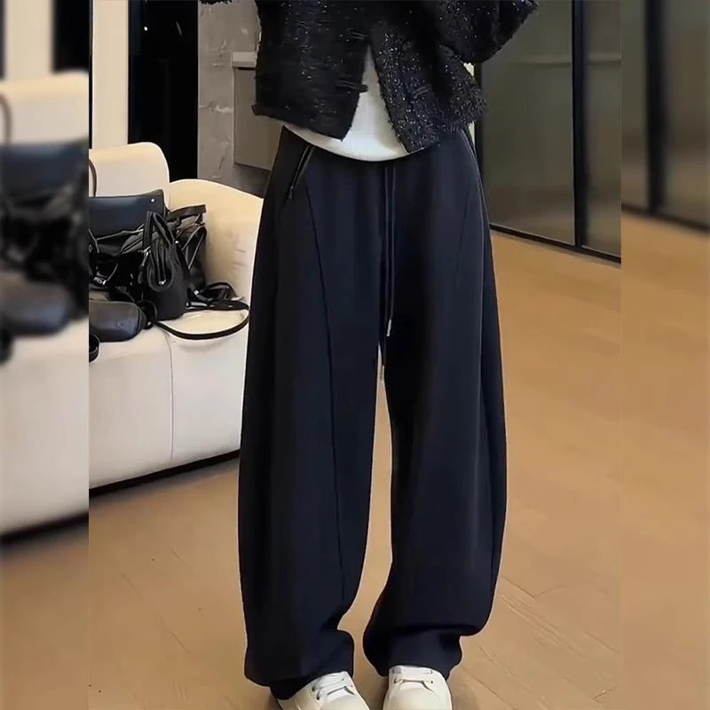 小个子藏蓝色弯刀休闲裤女2025秋冬新款大码梨形宽松显瘦阔腿裤子