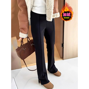 大码 新款 修身 显瘦弹力开叉直筒西装 子 黑色加绒加厚微喇裤 裤 女冬季