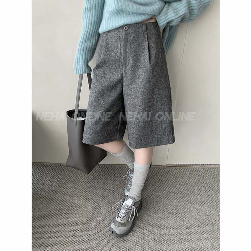 2025秋季质感杂灰色高级简约时尚经典款一粒扣直筒羊毛中裤七分裤