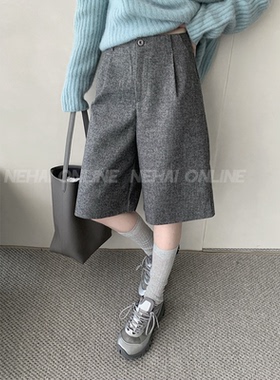 2025秋季质感杂灰色高级简约时尚经典款一粒扣直筒羊毛中裤七分裤