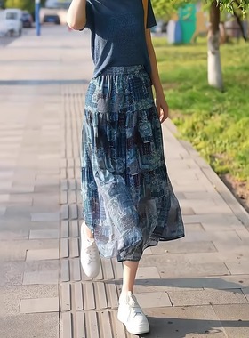 蓝色印花半身裙女2025流行新款高腰宽松时尚洋气好看减龄中长裙子