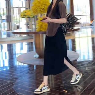 垂感半身裙女高腰开叉一步裙夏大码a字裙小个子显瘦休闲中长裙子